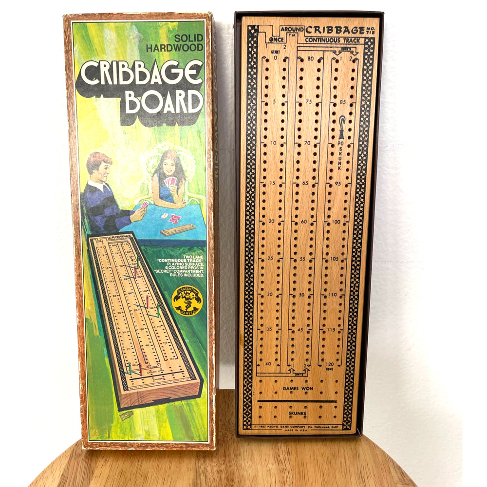 Vintage Cribbage Board Game Solid Hardwood 1972 1967 Pleasantime 715 W/Box Wear